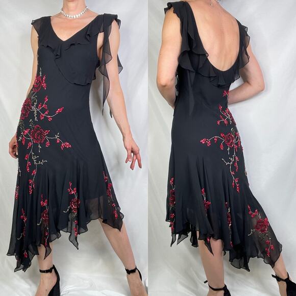 Sue Wong beaded sequin rose floral silk dress midi maxi gown prom asymmetrical M - Picture 15 of 15